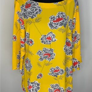 Banana Republic Blouse Womens Petite Medium Yellow Floral 3/4 Sleeve Tunic Top